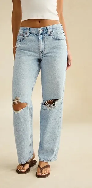 AMERICAN EAGLE Skylight Blue Strigid Ripped Knee High-Waisted Stovepipe Jeans thumbnail 1