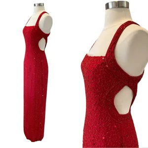 Vintage Sean Collection Red Silk Beaded Gown with Open Back thumbnail 4