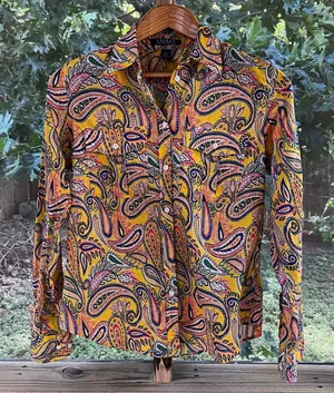 Lauren Ralph Lauren Women's Vintage Yellow Paisley Button Down Shirt Size S thumbnail 1