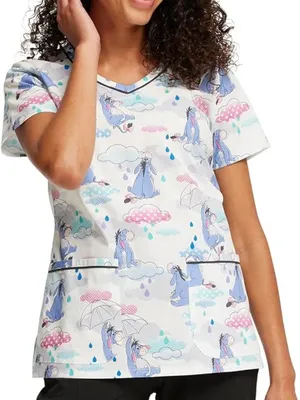 Disney Eeyore Sunshower Womens Scrub Top V-Neck Short Sleeve Pockets Size Small thumbnail 1