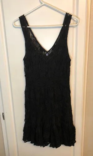 Free People sheer black floral lace mini dress with a beaded v-neck thumbnail 1