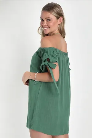 Lulus Size S Al Fresco Evenings Olive Green Off-the-Shoulder Shift Dress thumbnail 2