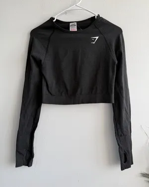 Gymshark Vital Seamless‎ Long Sleeve Crop Top Black Marl Thumbholes B1A3D Medium thumbnail 1