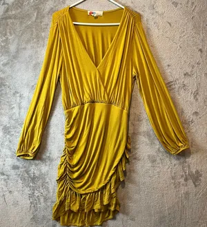 Free People Miami‎ Dress Size Large Long Sleeve Ruffle Mini Mustard Yellow thumbnail 1