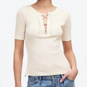 Madewell NEW Ribbed Lace Up Tee Shirt Womens L Short Sleeve Ivory White FLAW thumbnail 2