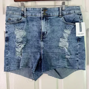 True Craft Denim‎ Shorts High-Rise Distressed Blue Wash Plus Size 18W thumbnail 7