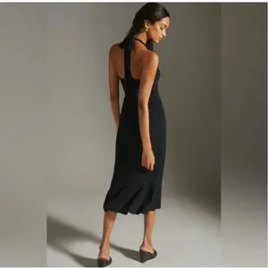 Anthropologie Hutch Black Textured Halter Midi Dress Flounce Hem thumbnail 3