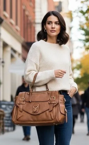 Call it spring Vintage Style Tan Faux‎ Leather Satchel Bag Plaid Lining Handle Shoulder Strap thumbnail 1