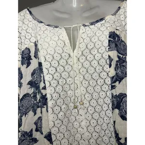 Free People Blouse Womens M White Scoop Neck 3/4 Balloon Sleeve Floral Tunic thumbnail 7