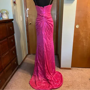 NWOT metallic pink strapless prom dress ruched front slit size 0 thumbnail 3