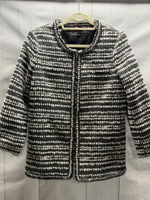 Alice + Olivia Luci Black Gray White Silver Metallic Tweed Jacket Blazer Large thumbnail 1