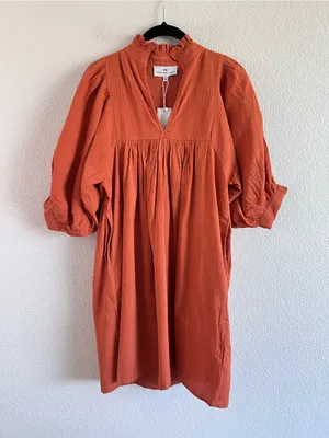 NWT‎ Never a Wallflower High Neck Dress Orange Seersucker Ruffle Puff Sleeve thumbnail 2