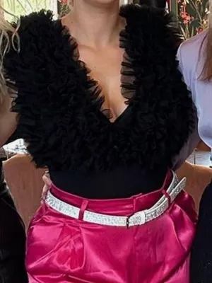 Black Tulle Ruffled V-Neck Women's Bodysuit thumbnail 4