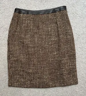Kate Hill Brown Wool Tweed Blend Pencil Skirt with Brown Leather Waistband Trim thumbnail 1
