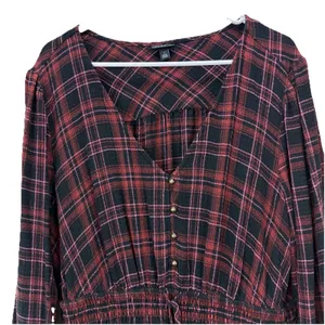 Torrid Plaid Babydoll Flannel Crinkle Gauze‎ Smocked Tie Waist Top Size 1X thumbnail 7