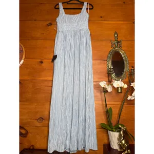 NWT Lulus Ameena Light Blue Plisse Square Neck Sash Maxi Dress Gala Banquet Sz L thumbnail 6