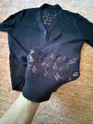 Black Lace Openwork Knit Cardigan 3/4 Sleeve Button Front Fitted Sweater thumbnail 4