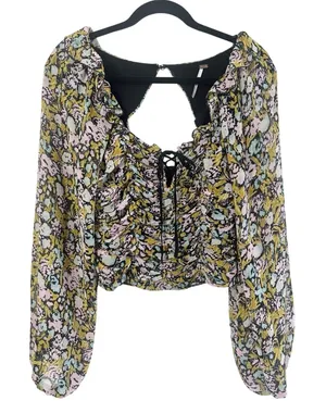 Free People Mabel Floral Printed‎ Ruched Smocked Crop Top Long Sleeve Blouse S thumbnail 1