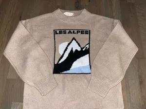 NWT Alpine Graphic Knit Sweater Les Alpes Mountain Scene Beige Size Medium thumbnail 1