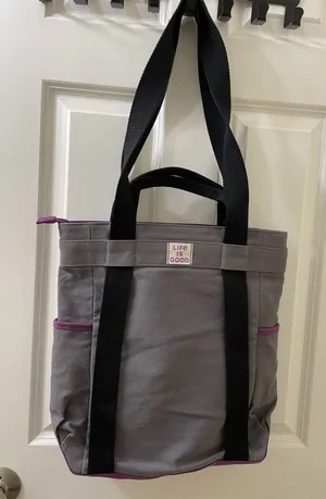 New Life Is Good tote bag Canvas Purple/Gray Tote W/Flower Motif 14x15 Inches thumbnail 1