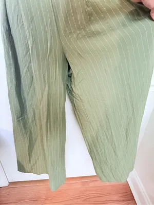 Flying Tomato Wide Leg Pinstripe Tie Front Keyhole Back Strap Jumpsuit Green S thumbnail 4
