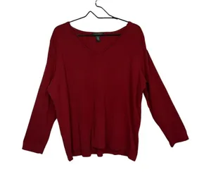 Lauren Ralph Lauren V-Neck Top Women 2X Red Long Sleeve Cotton T-Shirt thumbnail 1