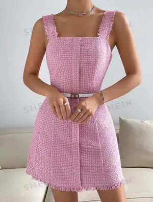 SheIn Privé Raw Trim Tweed Dress Without Belt thumbnail 3