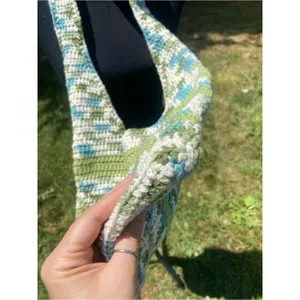 Hand-Crocheted Shoulder Bag Green Blue Cream Sling Purse Boho Hobo Market thumbnail 4