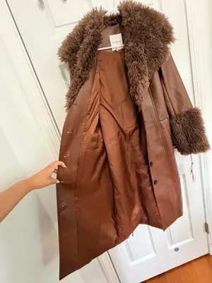 Avec Les Filles Brown Faux Leather Fur Trim Belted Maxi Coat XS Y2K Glam Luxe $258 thumbnail 5