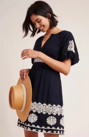 Anthropologie‎ Orla Mini Dress Embroidered Puff Sleeve V-Neck Navy Blue Cream 12 thumbnail 1