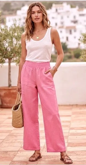 Candace Cameron Bure‎ Pink Smocked Waist Wide Leg Pants Cotton Linen Blend L thumbnail 1
