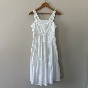 Pinch Tiered Midi Dress Cotton Poplin Sundress Pockets‎ Sleeveless White Size L thumbnail 2