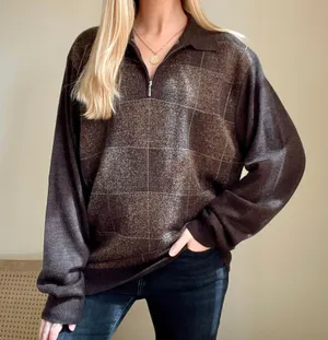 Vintage Checkered Grid Print Speckled Polo Neck Collared Quarter Zip Sweater in Chocolate Brown thumbnail 1