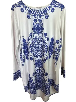 White Long-Sleeve Porcelain Style Baroque & Mandala Printed Tunic Dress thumbnail 2
