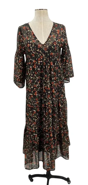 Natural Life Floral Print Midi Dress Kimono‎ Sleeve Brown Red Size Small thumbnail 1