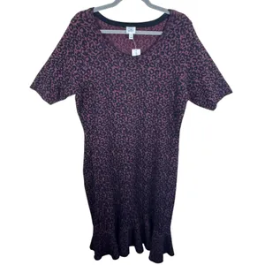 Dressbarn NWT‎ Burgundy Black Leopard Short Sleeve Peplum Hem Midi Dress Size L thumbnail 1