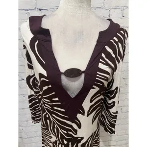 CZ Cover Ups Women's 3/4 Sleeve Leaf Print Tunic Brown & Cream swim cover Small thumbnail 2