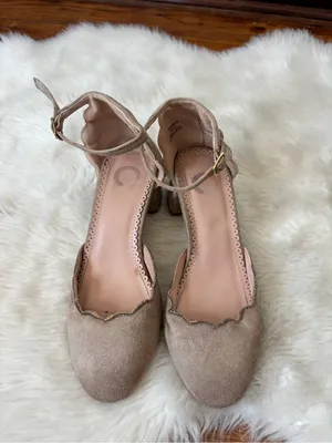 Scalloped Faux Suede Tan Ankle Strap Heels thumbnail 2