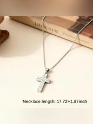 Silver Tone Box Chain Necklace Pavé CZ Cross Pendant Adjustable 17.72" thumbnail 4