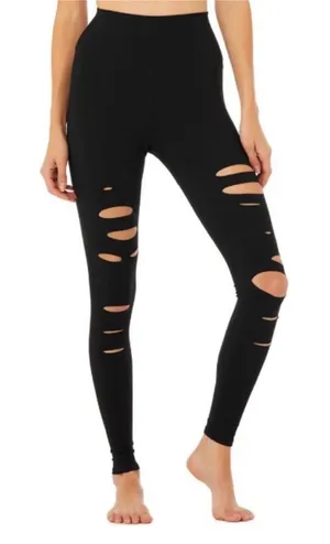 Alo Yoga Warrior High Rise Waist Edgy Goth Black Ripped Slashes Leggings S thumbnail 1