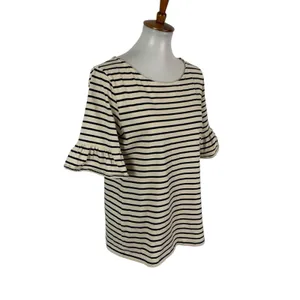 J Crew Factory Top Small Black Tan Striped Bell Sleeve Preppy Casual thumbnail 3