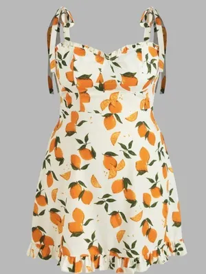 Cider Lemon Ruffle Hem Print Tie Shoulder Mini Dress thumbnail 1