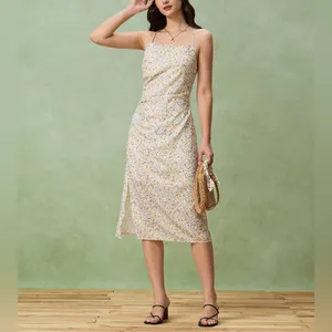 Rihoas Yellow Floral Ruched Slip Midi Dress thumbnail 3