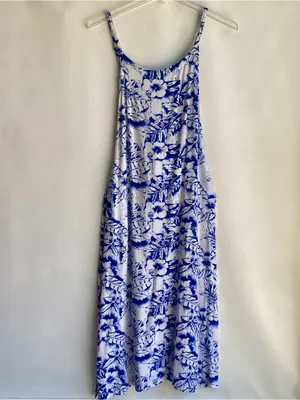 Caribbean blue white tropical Hawaiian print spaghetti strap maxi sun dress thumbnail 2
