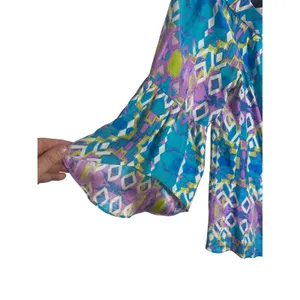 Alice & Trixie Silk Blouse Blue Purple Geometric Bell Sleeve Top Womens L thumbnail 5