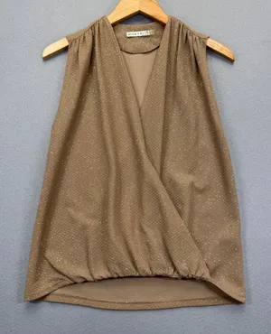Alice + Olivia Gold‎ Metallic Shimmer Wrap Front Sleeveless Blouse Taupe XS thumbnail 1
