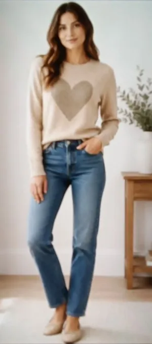 J Crew Cashmere Crewneck Sweater With Lurex Metallic Heart Neutral Fitted Small thumbnail 1