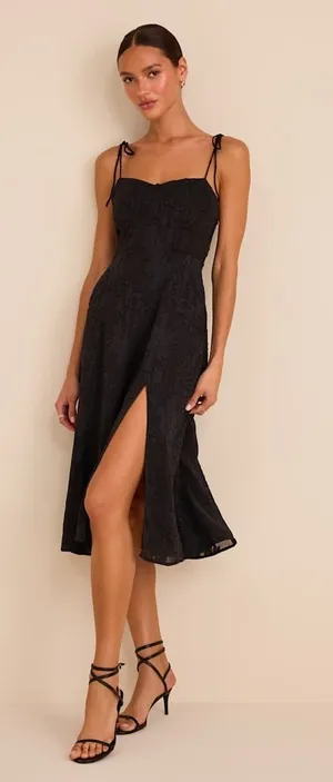 Lulus Loveliest Looks Black Floral Jacquard Tie-Strap Midi Dress Large NWT thumbnail 1