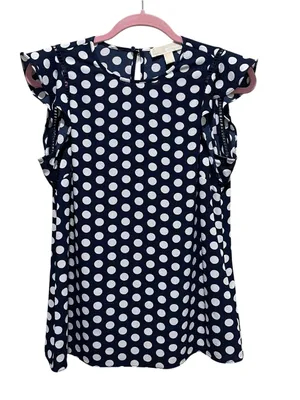 Michael Michael Kors Polka Dot Ruffle Sleeve Blouse Navy White Women Size Medium thumbnail 1