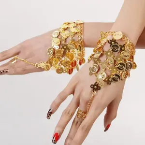 Belly Dancer Gold Tone Coin Cuff Bracelet & Attached Ring thumbnail 1